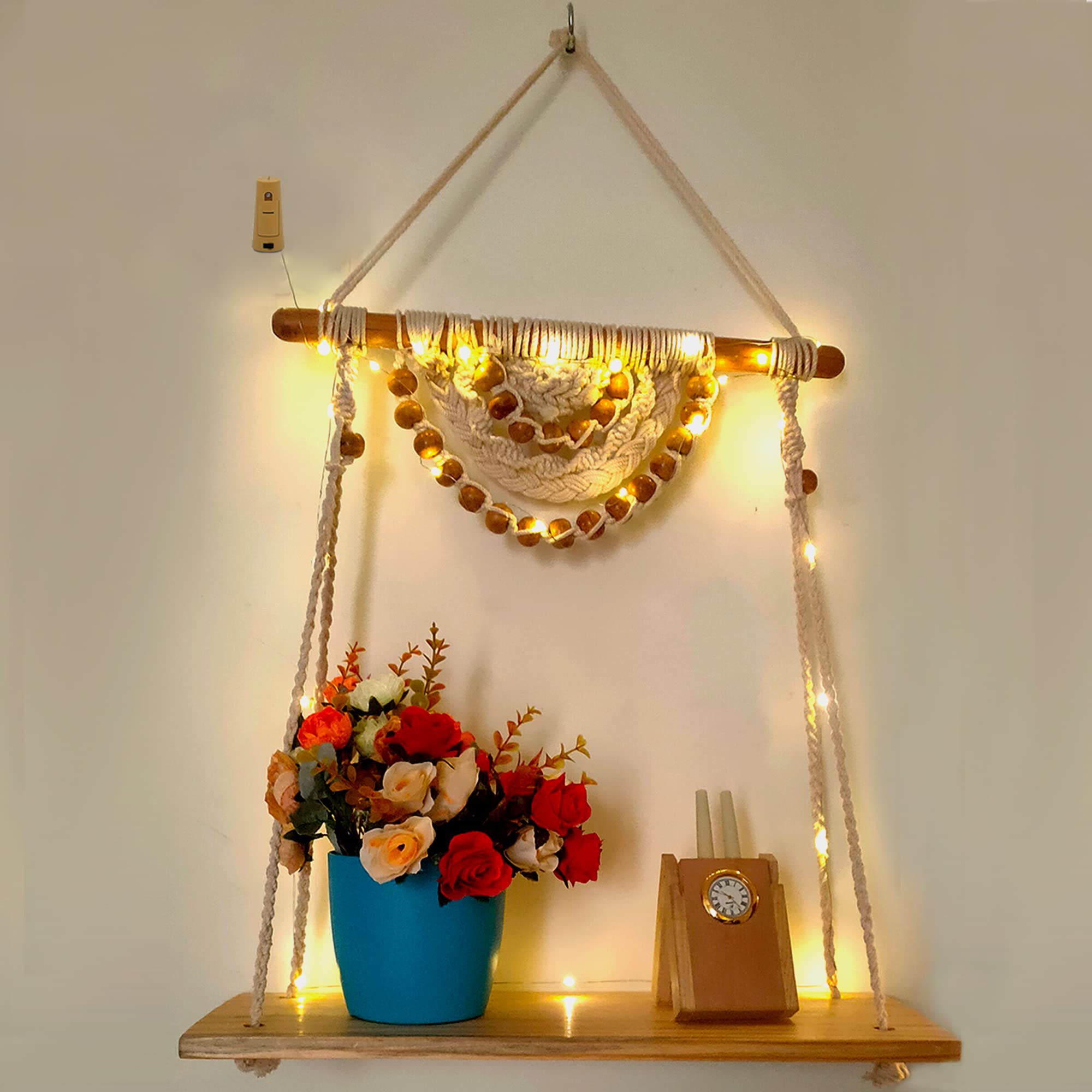 Vah Macrame Wall Hanging Shelf With Rope  Set Of 1 Wood Shelf With Led Light