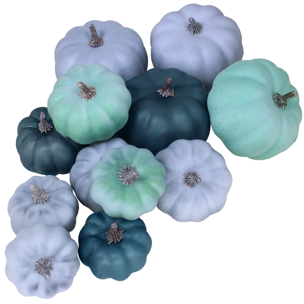 12 Pcs Assorted Small Rustic Harvest Artificial Pumpkins Decorative Pumpkins Foam Pumpkins In Green Blue Gray For Fall Autumn Ha