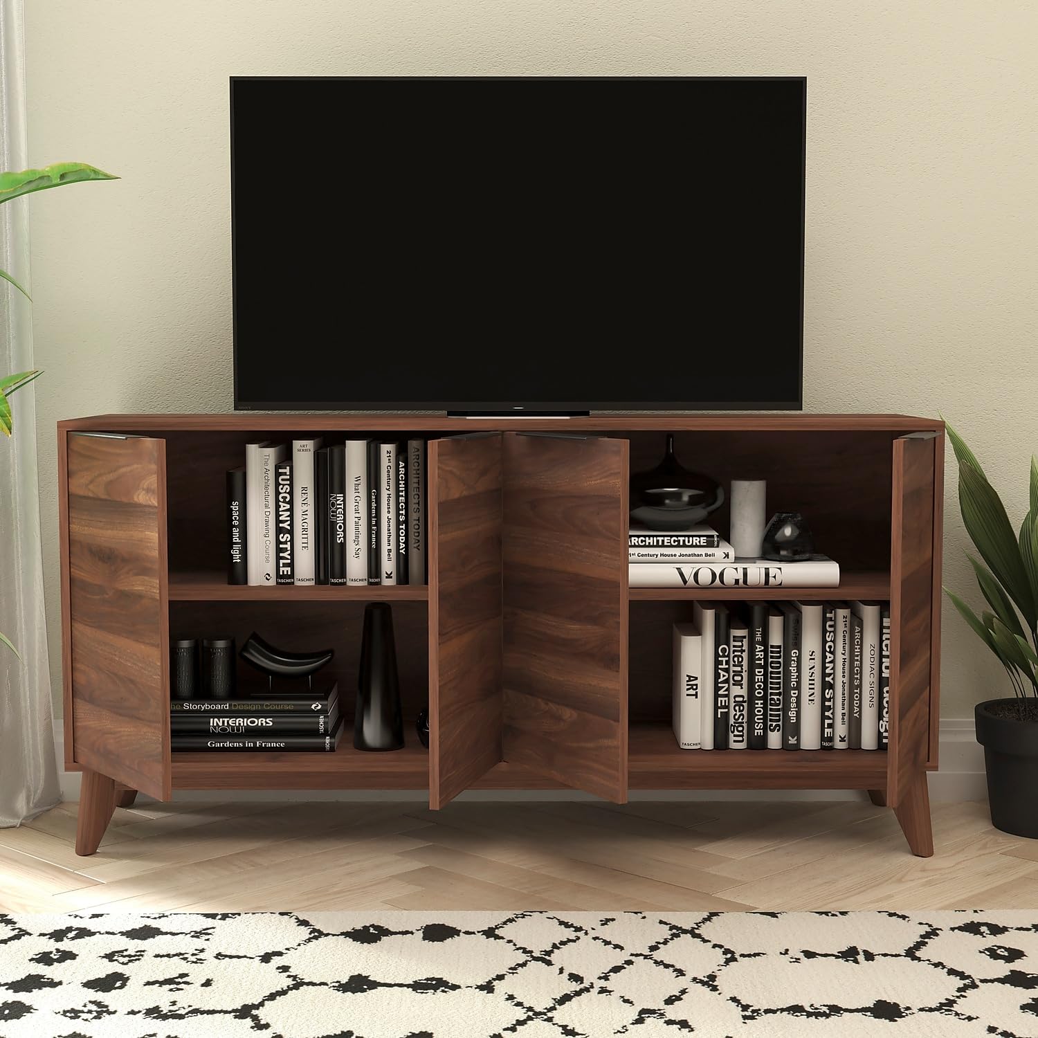 Flash Furniture Hatfield Engineered Wood TV Stand for up to 64" TVs, Media Console/TV Cabinet with Adjustable Shelf and Soft Close Doors, Dark Walnut