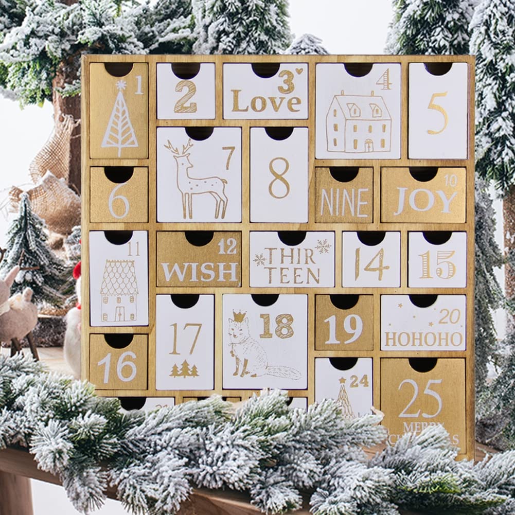 Juegoal Advent Calendar With 25 Drawers Countdown To Christmas, Refillable Wooden Advent Xmas Gift For Kids, 12 Inches Tall
