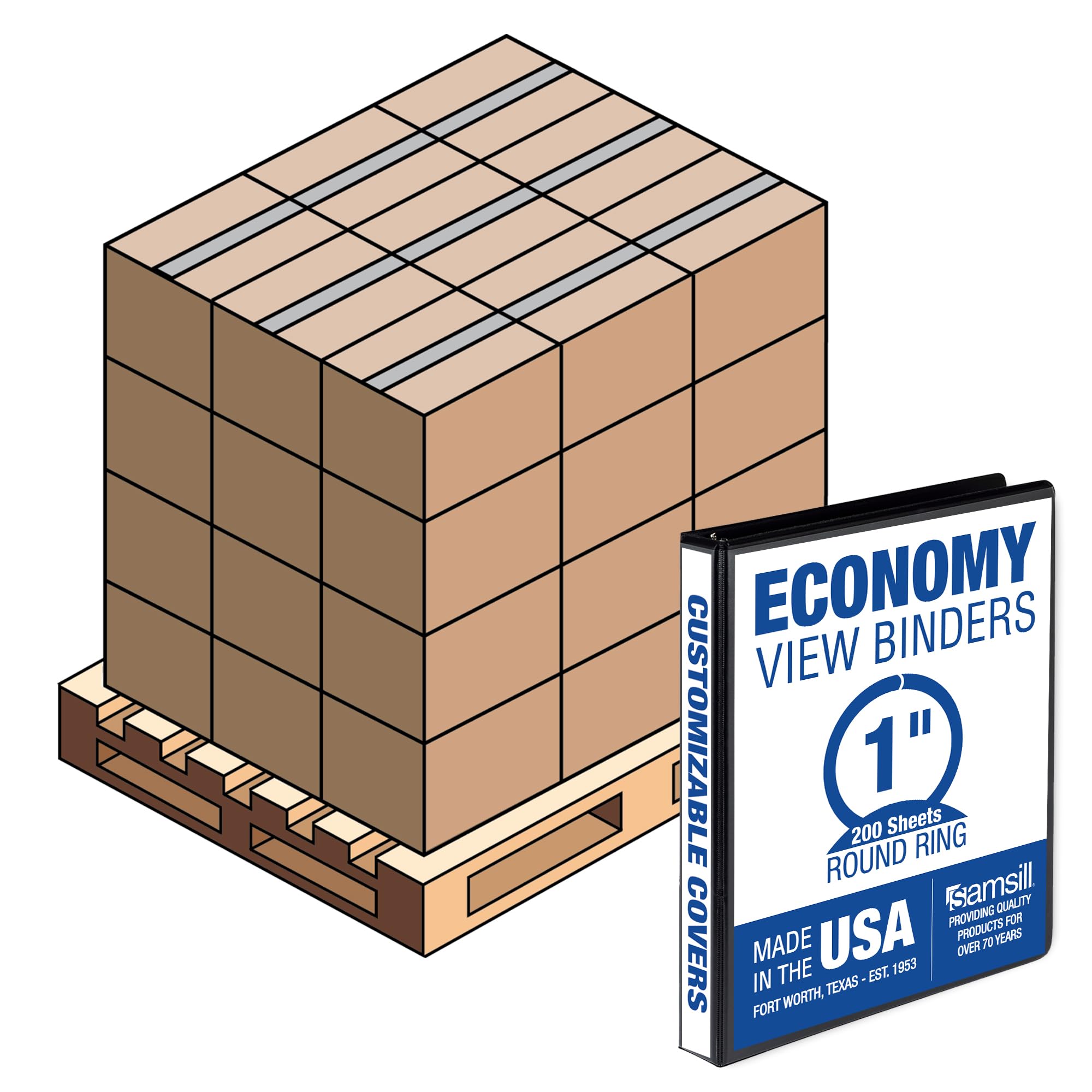 Samsill Economy 1 Inch 3 Ring Binder Bulk Pallet, Made In The Usa, Round Ring Binder, Customizable Clear View Cover, Black, Pall