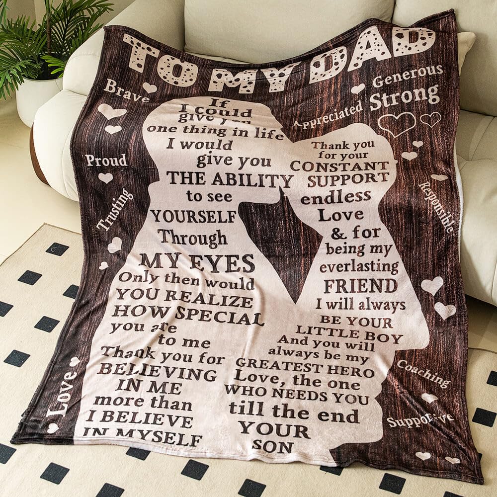 Fathers Day Blankets Gifts For Dad, Blanket To My Dad Gifts From Son, Dad Blanket Presents For Fathers Day, I Love You Dad Lette