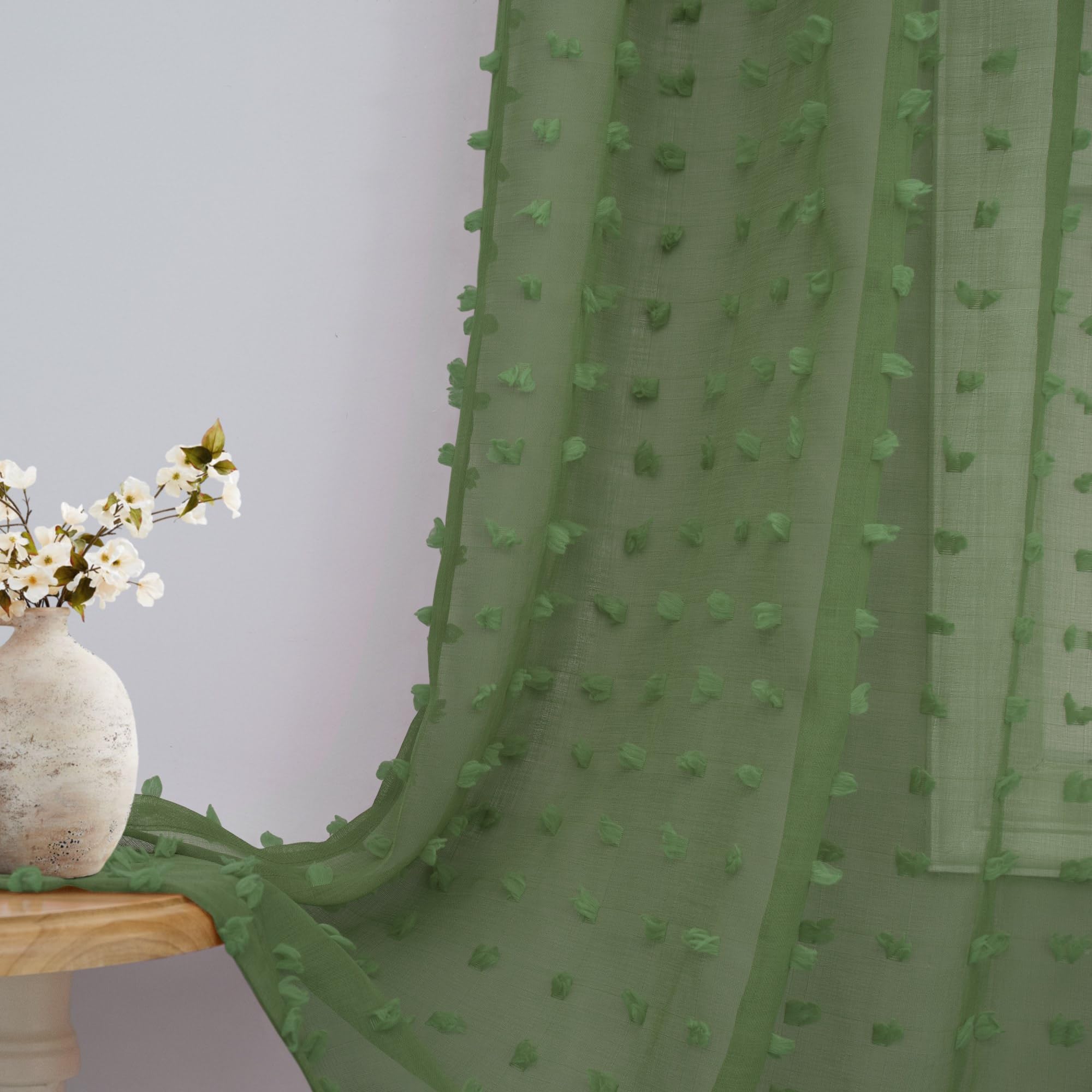 Olive Green Sheer Curtains For Bedroom Living Dining Room Window Treatments 95 Inch Length Farmhouse Boho Spring Decor Pom Pom P