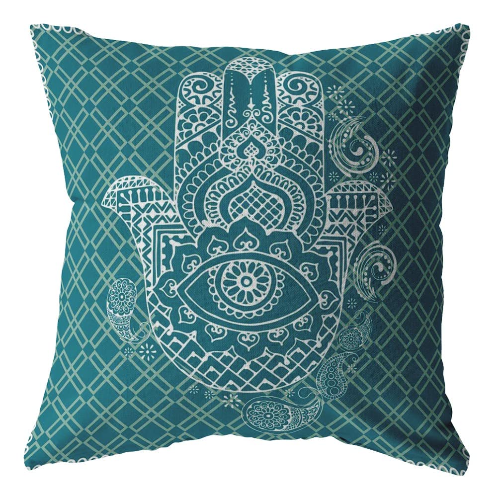 HomeRoots White On Green 20â€ Teal White Hamsa Boho Suede Throw Pillow