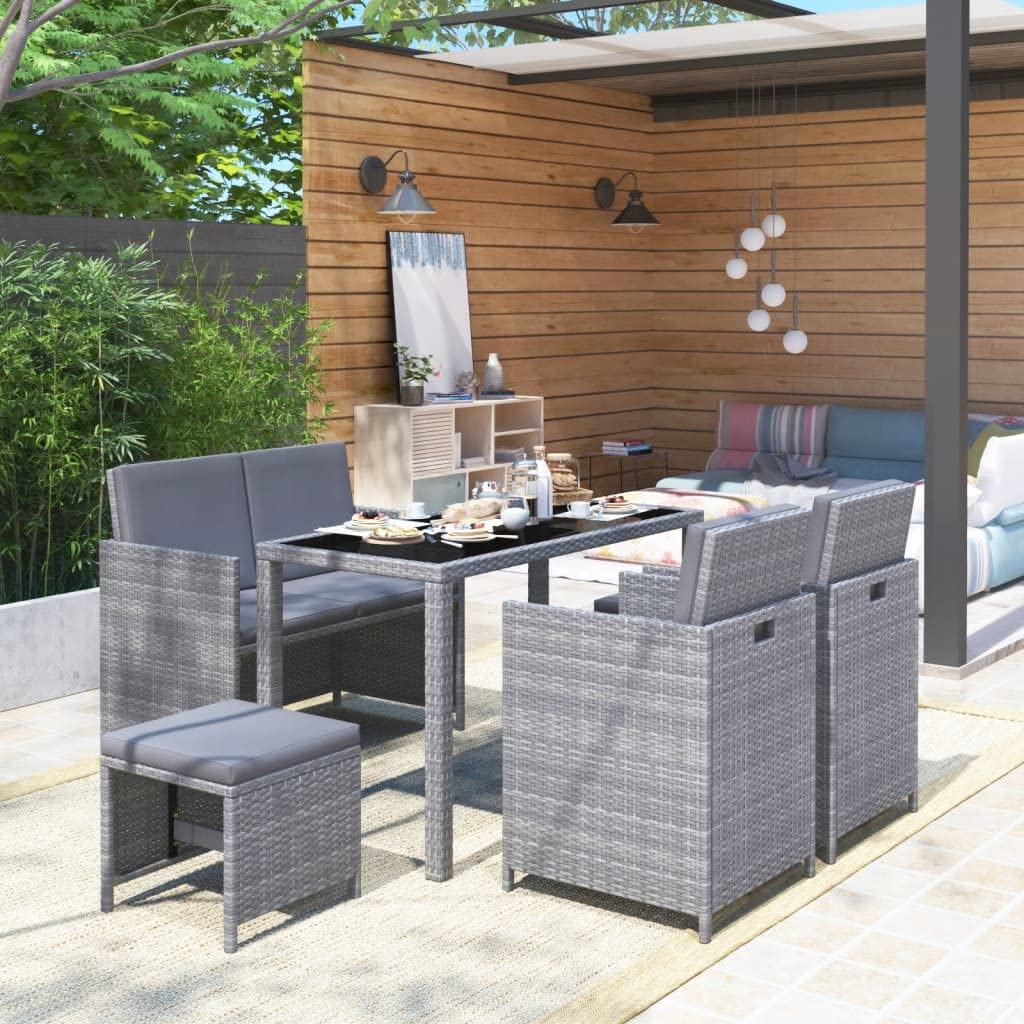 6 Piece Outdoor Dining Set with Cushions Poly Rattan Gray
