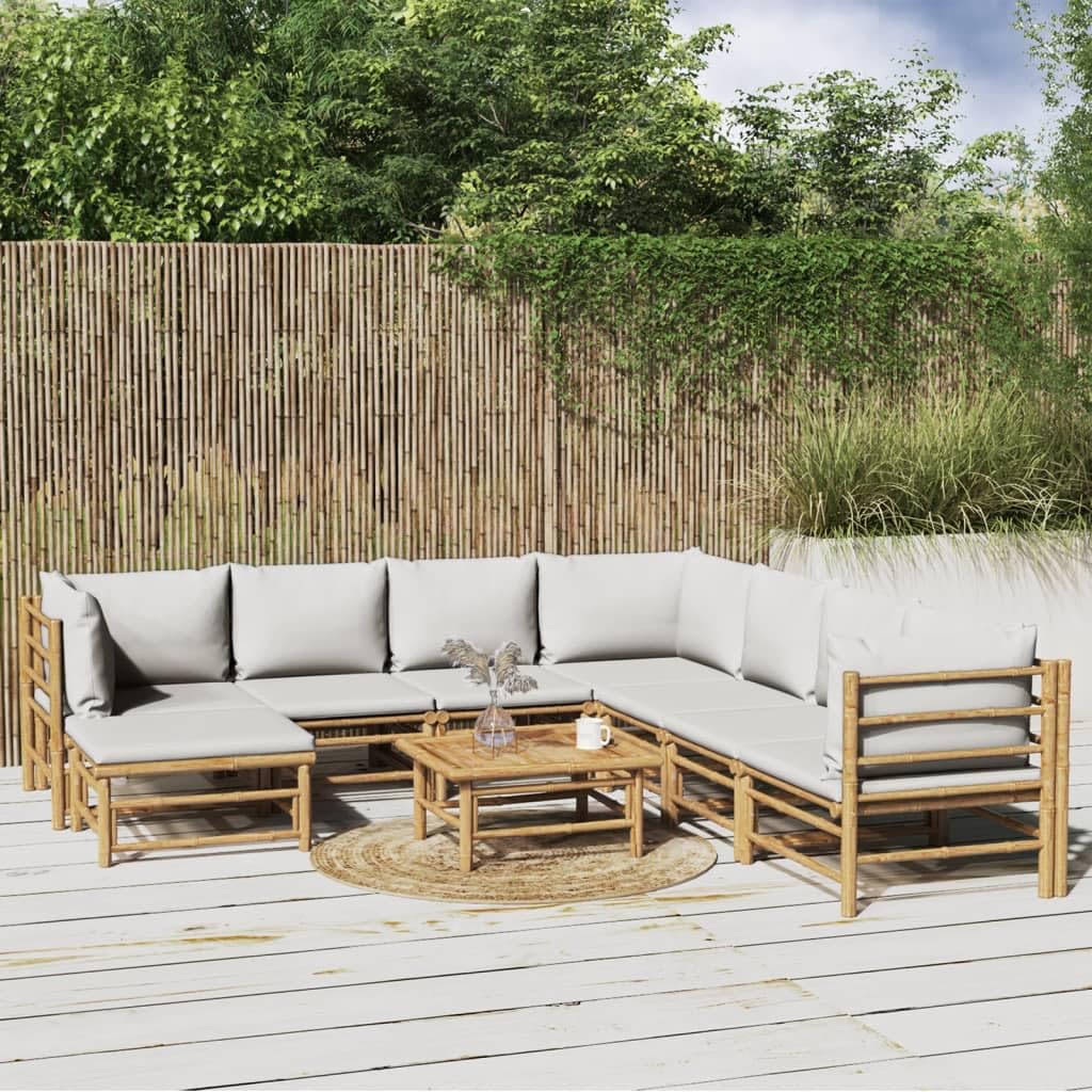 vidaXL 9-Piece Patio Furniture Lounge Set - Bamboo, Light Gray Cushions, Modular Design, for Garden/Deck/Patio