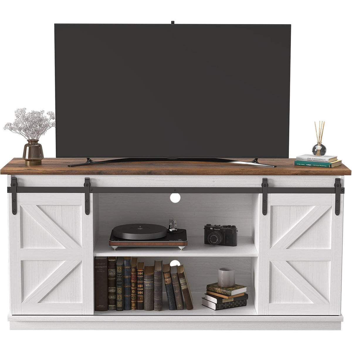 Jummico Tv Stand For 65 Inch Tv, Entertainment Center With Storage Cabinets And Sliding Barn Doors, Mid Century Modern Media Tv Console Table For Living Room Bedroom (Bright White)