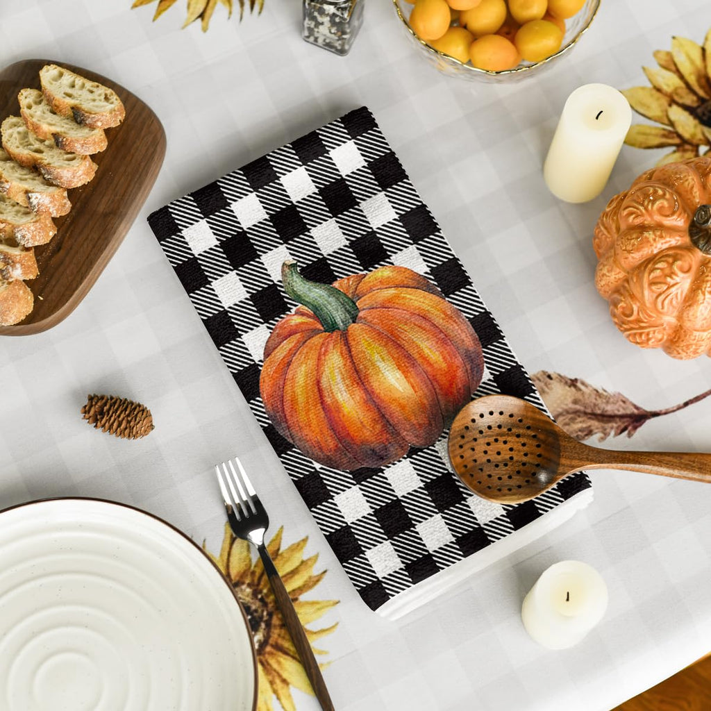 Artoid Mode Buffalo Plaid Pumpkin Hello Fall Kitchen Towels Dish Towels, 18X26 Inch Seasonal Decoration Hand Towels Set Of 2