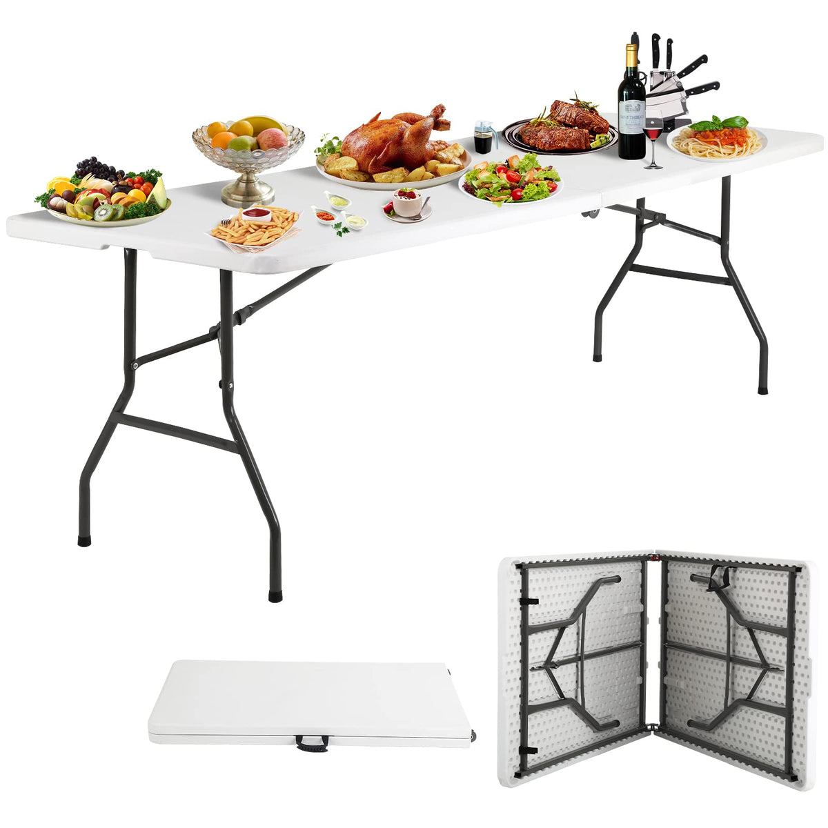 HKLGorg Folding Table 8 Ft Heavy Duty Fold Up Camping Working Table Indoor Outdoor Plastic Utility Party Dining Table Easy to As