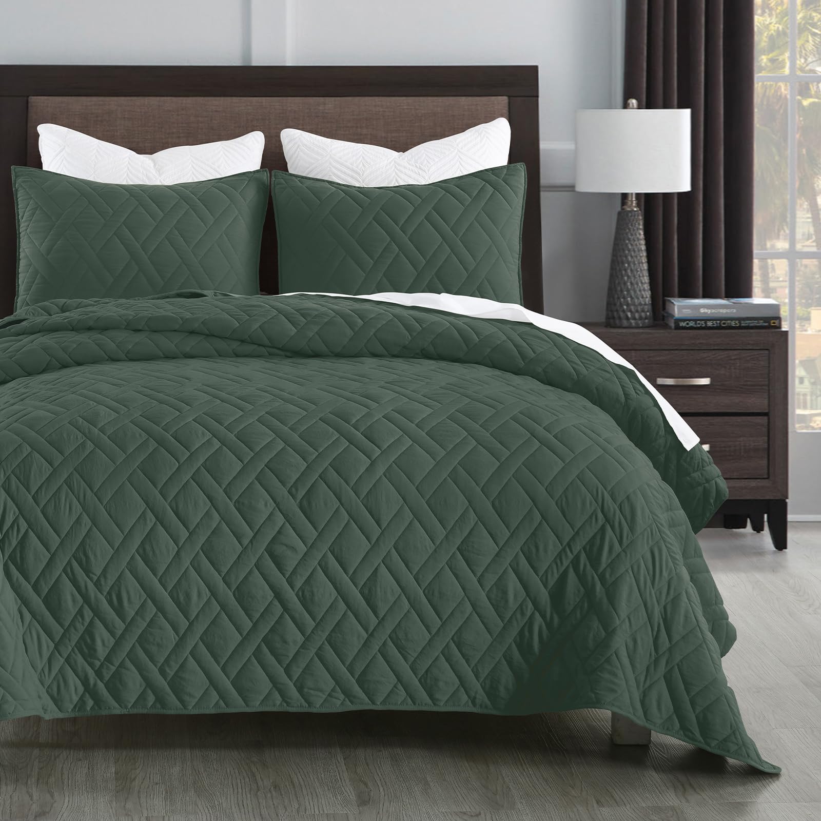 Horimote Home Quilt Set Twin Size Dark Green, Classic Geometric Diamond Stitched Pattern, Ultra Soft Microfiber Lightweight Bedd