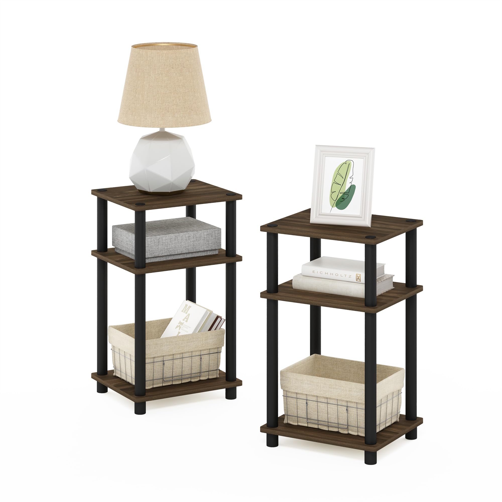 Furinno Just 3-Tier Turn-N-Tube Nightstand, 2-Pack, Columbia Walnut/Black