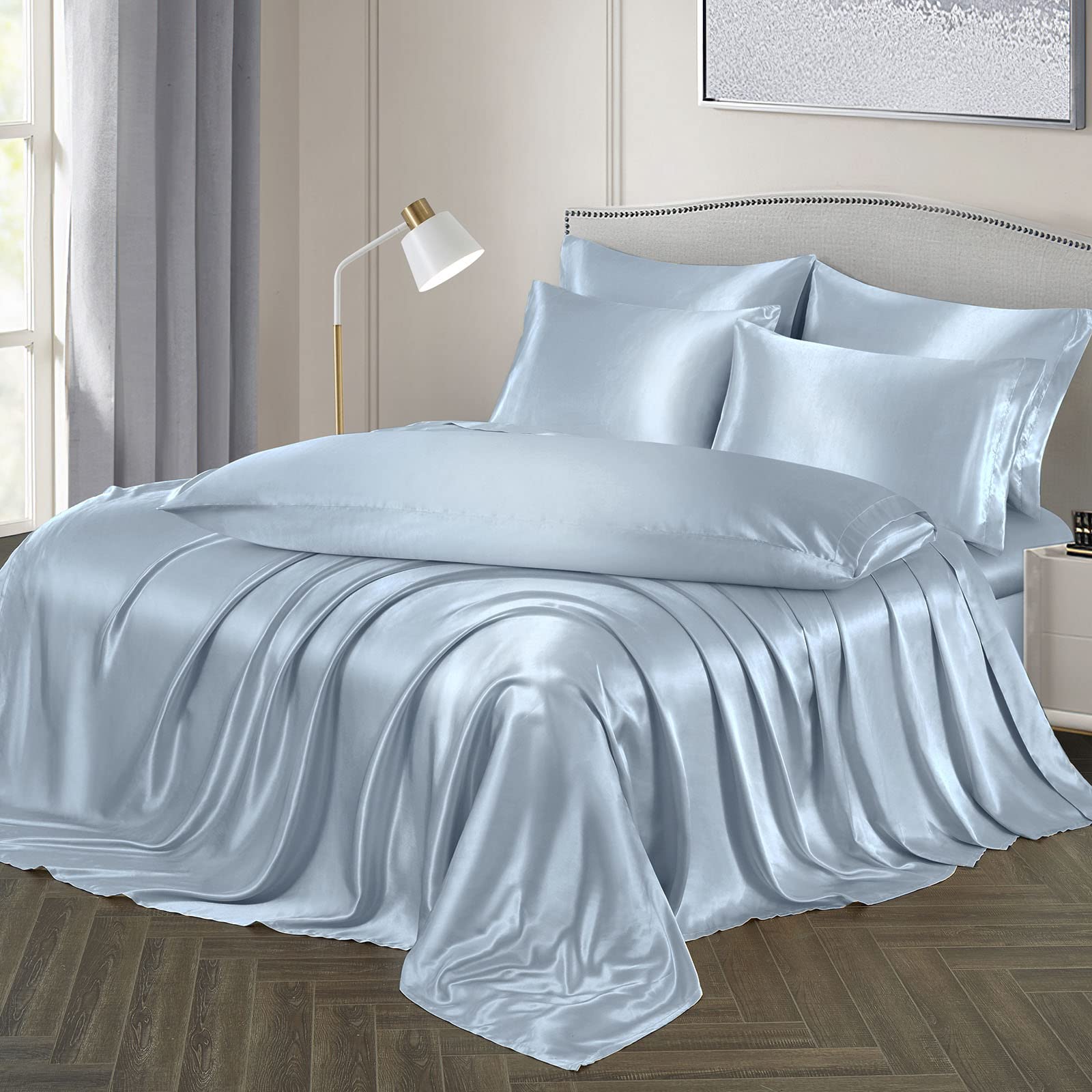 Ersmak 7 Pieces Satin Sheets Set King Size, Luxury Silky Light Blue Satin Bed Sheets Set With 1 Deep Pocket Fitted Sheet, 1 Soft