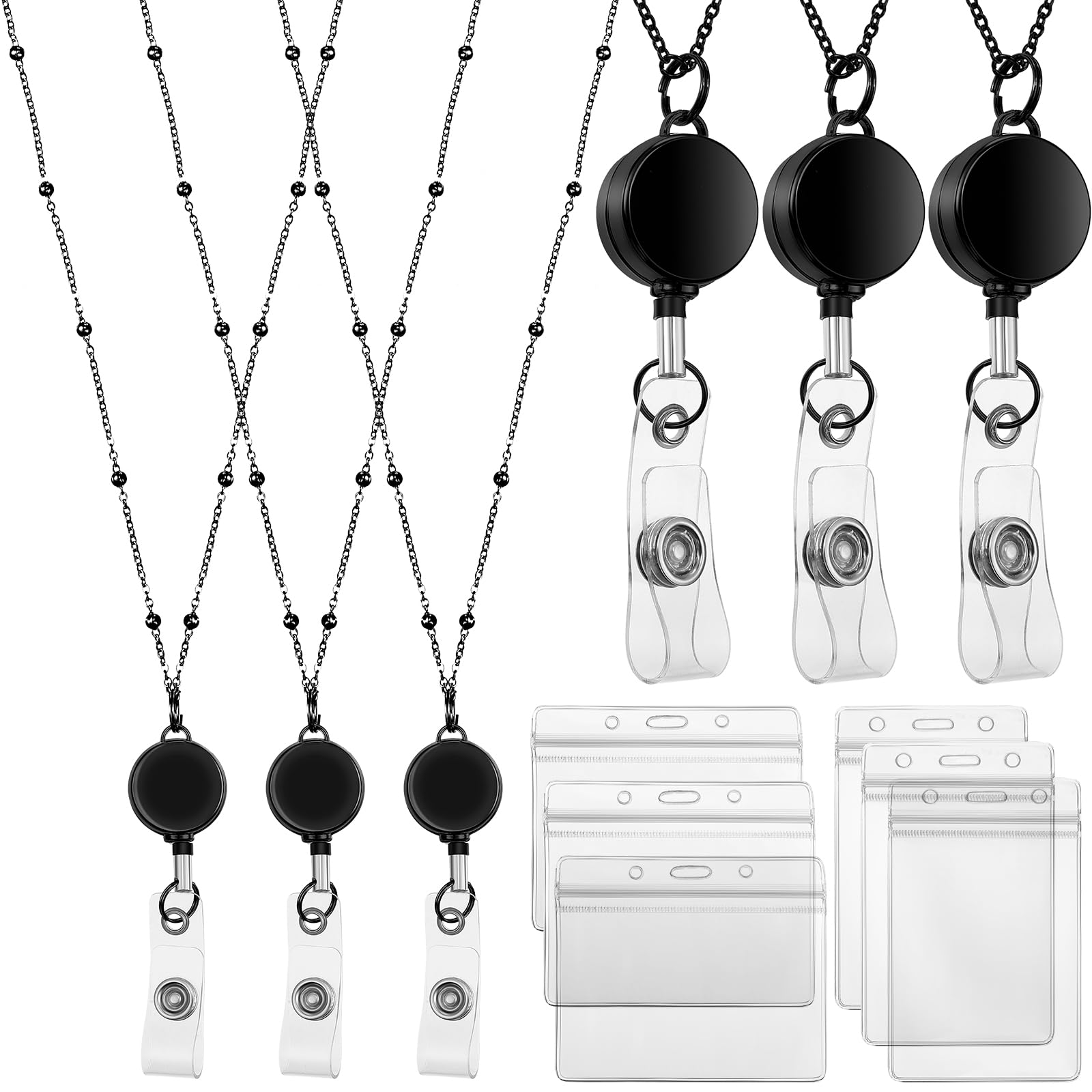 Zonon Retractable Badge Reel Lanyard With Id Holder, 3 Pieces Beaded Badge Lanyard Necklace With 6 Waterproof Name Card Holder S