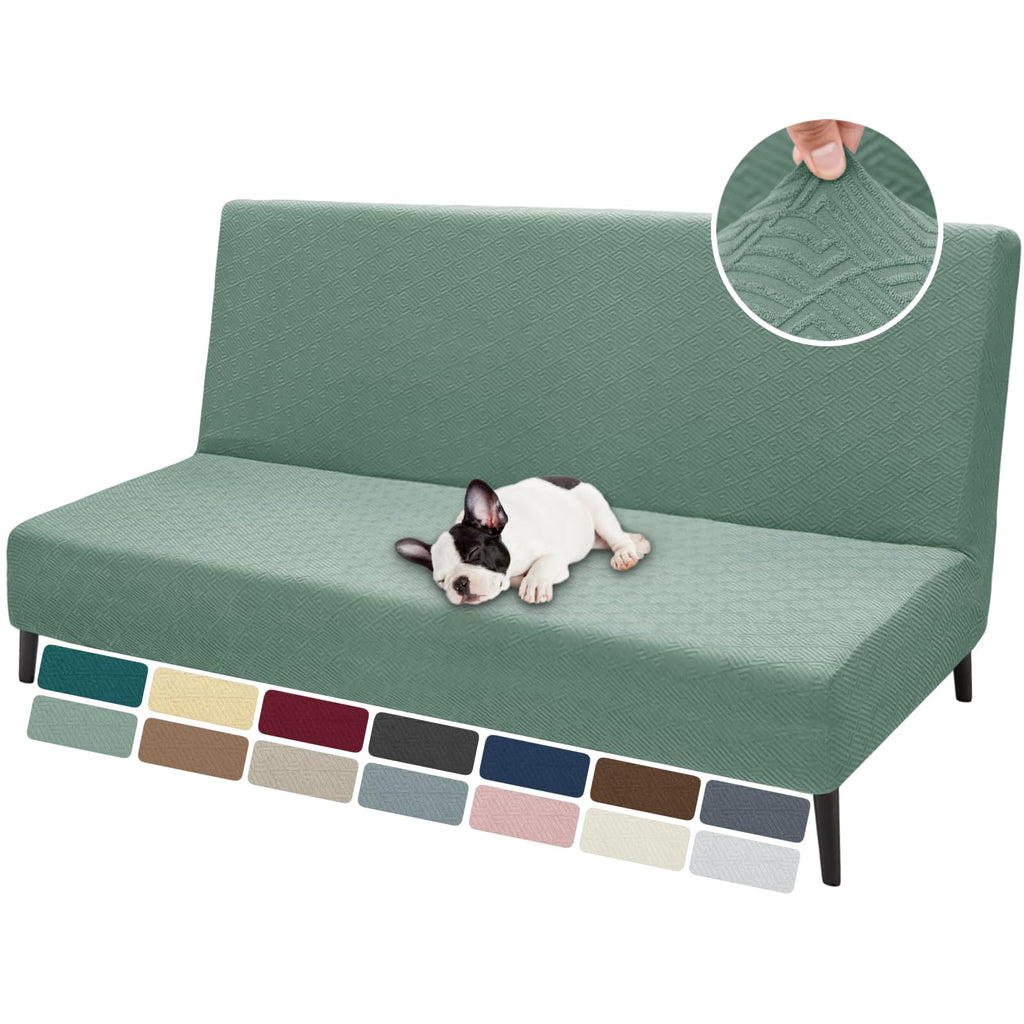 Znsayotx Armless Futon Covers Full Size (67'-82') Stretch Jacquard Sofa Bed Slipcovers, Striped Queen Futon Cover With Non-Slip Elastic Bottom, Soft Cozy Futon Mattress Cover Washable (Pea Green)