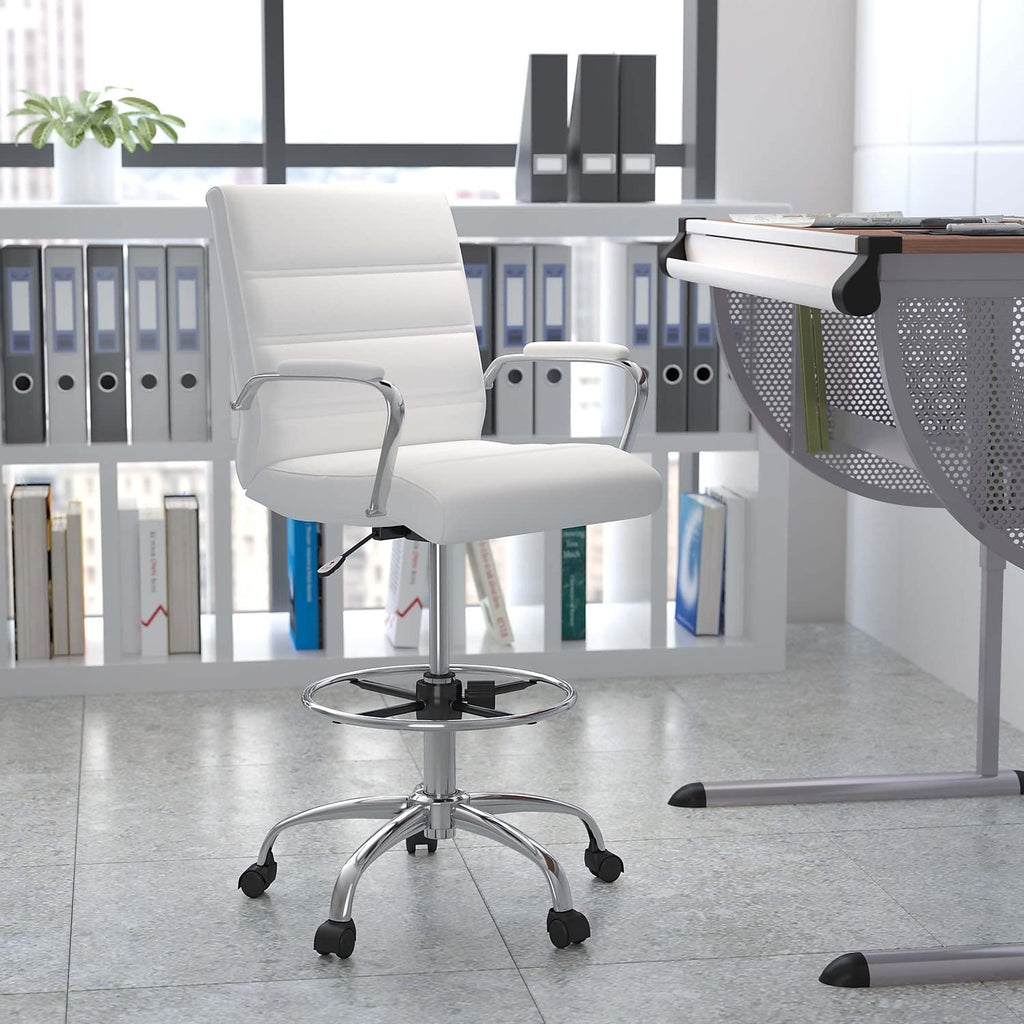 Flash Furniture Whitney Mid-Back Swivel LeatherSoft Drafting Chair with Padded Seat, Armrests, and Foot Ring, Adjustable Office Chair, White/Chrome