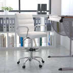 Flash Furniture Whitney Mid-Back Swivel LeatherSoft Drafting Chair with Padded Seat, Armrests, and Foot Ring, Adjustable Office Chair, White/Chrome