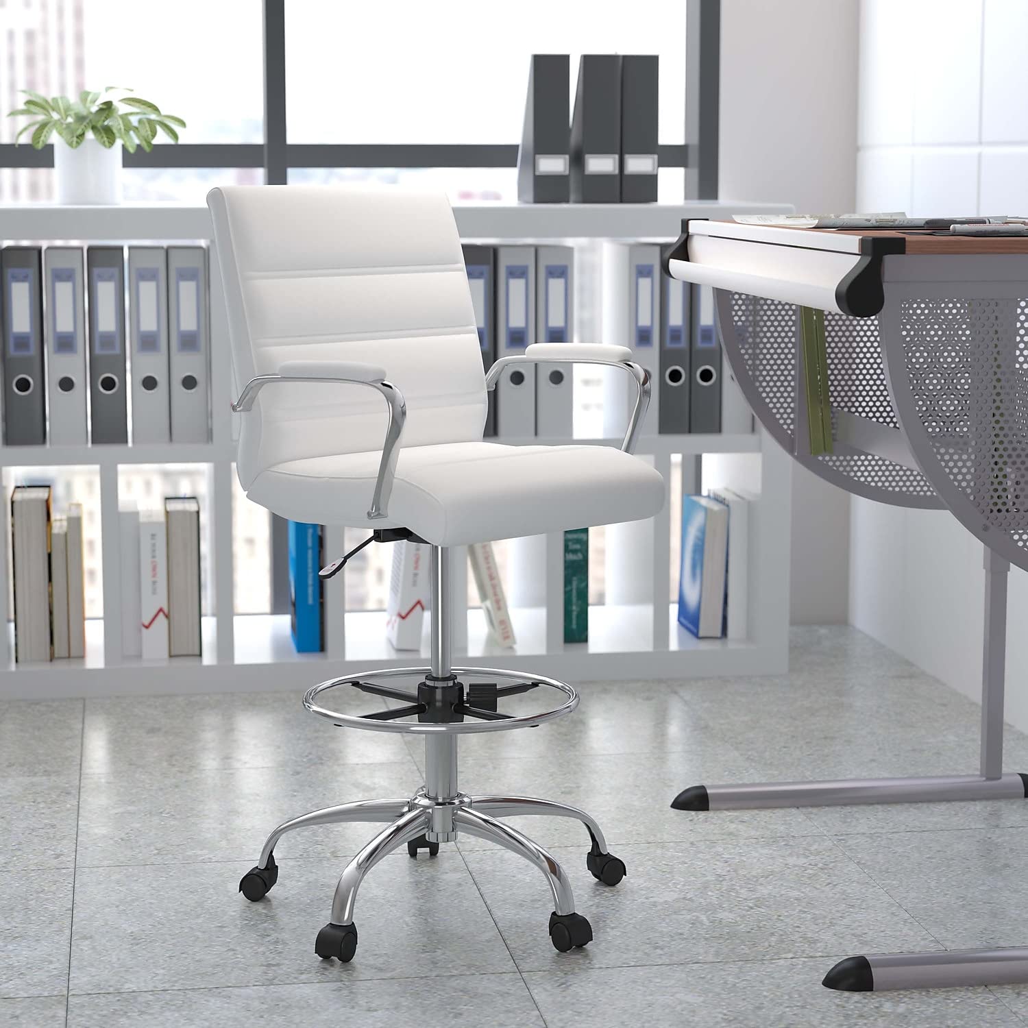 Flash Furniture Whitney Mid-Back Swivel LeatherSoft Drafting Chair with Padded Seat, Armrests, and Foot Ring, Adjustable Office Chair, White/Chrome