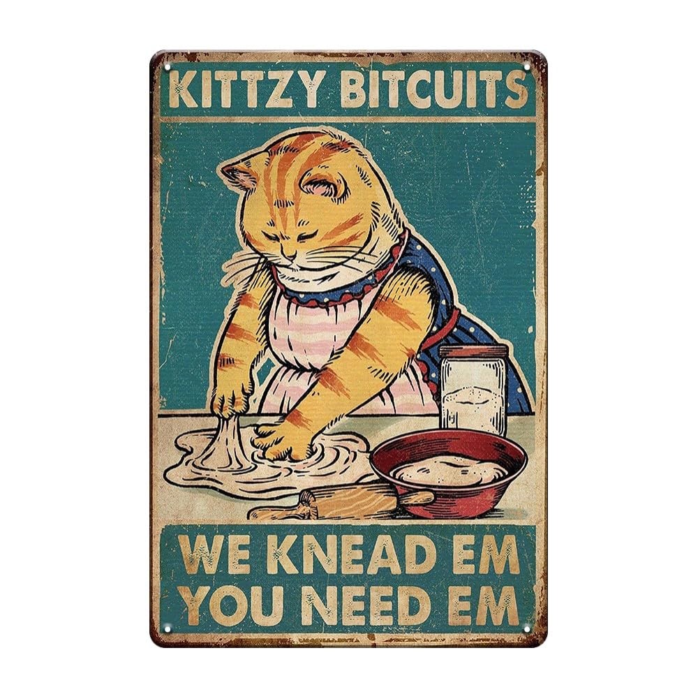 YOYI ART Vintage Orange Cat Decor Sign - Kitty Biscuits You Need We Knead, Retro Funny Metal Signs for Home kithchen, Cat Room a