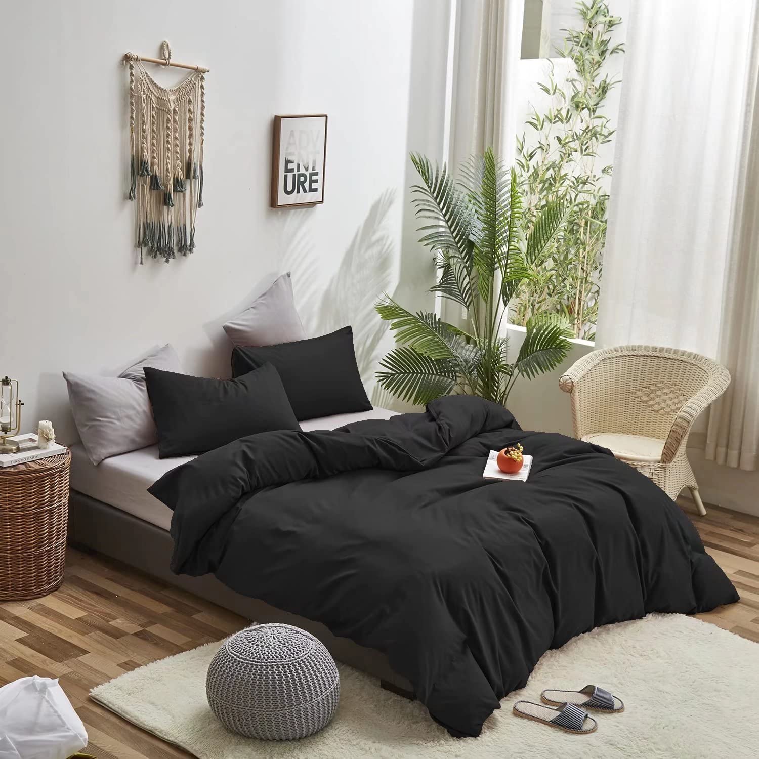 Houseri Black Comforter Full Size All Season 3 Pieces Pure Black Bedding Set Full Lightweight Plain Black Comforter For Teen Boy