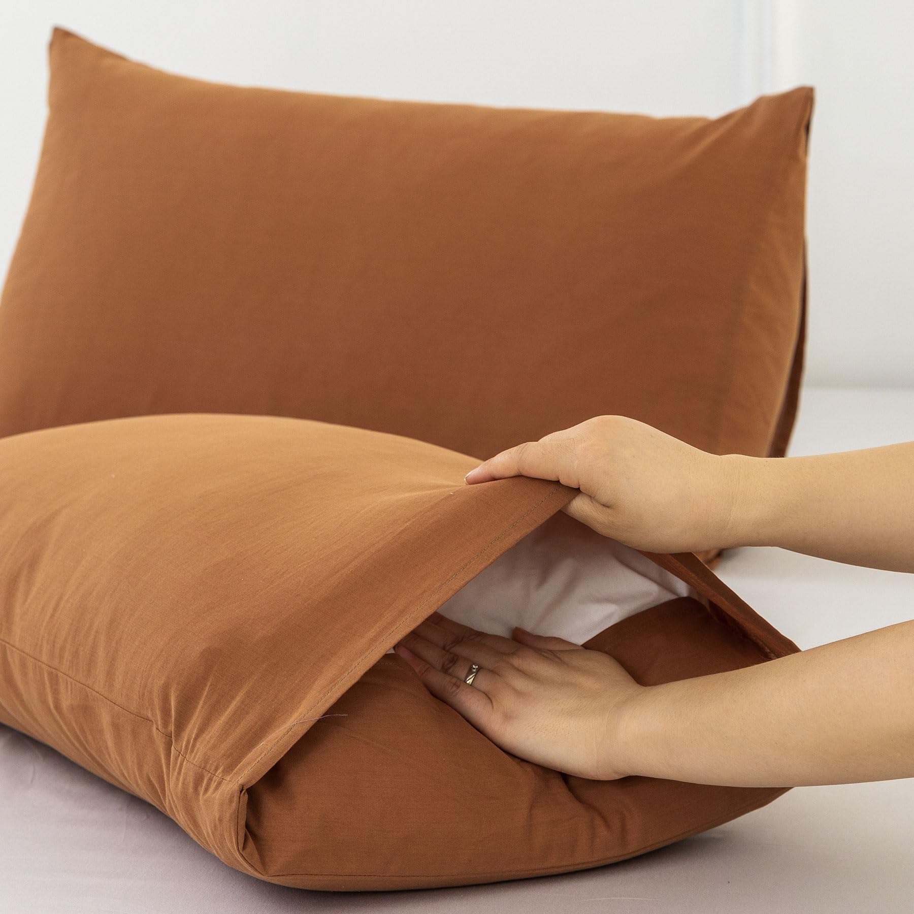 Moomee Bedding Pillowcases Pack Of 2 100% Washed Cotton Linen Like Textured Breathable Durable Soft Comfy (Dark Orange, King)
