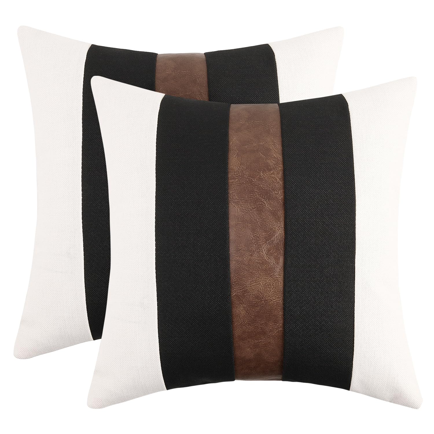 Jasen Set Of 2 Faux Leather And Linen Throw Pillow Covers For Home, 18X18 Inch Black And White Striped Modern Farmhouse Decorati