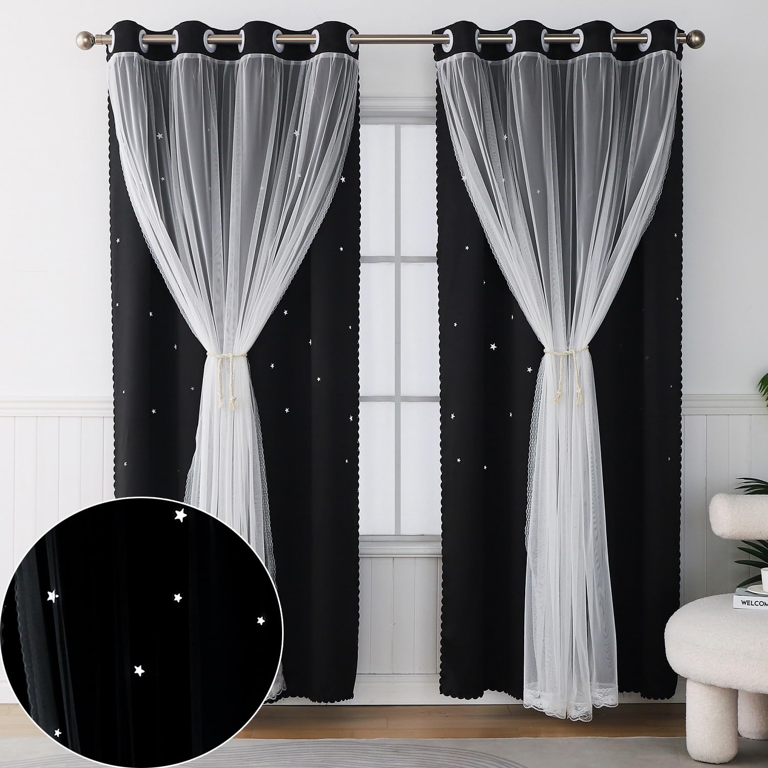 Ftinala Black Curtains for Bedroom 72 Inch Length 1 Panel Windows Blackout Curtains for Girls Bedroom Decor Cutout Star Curtains