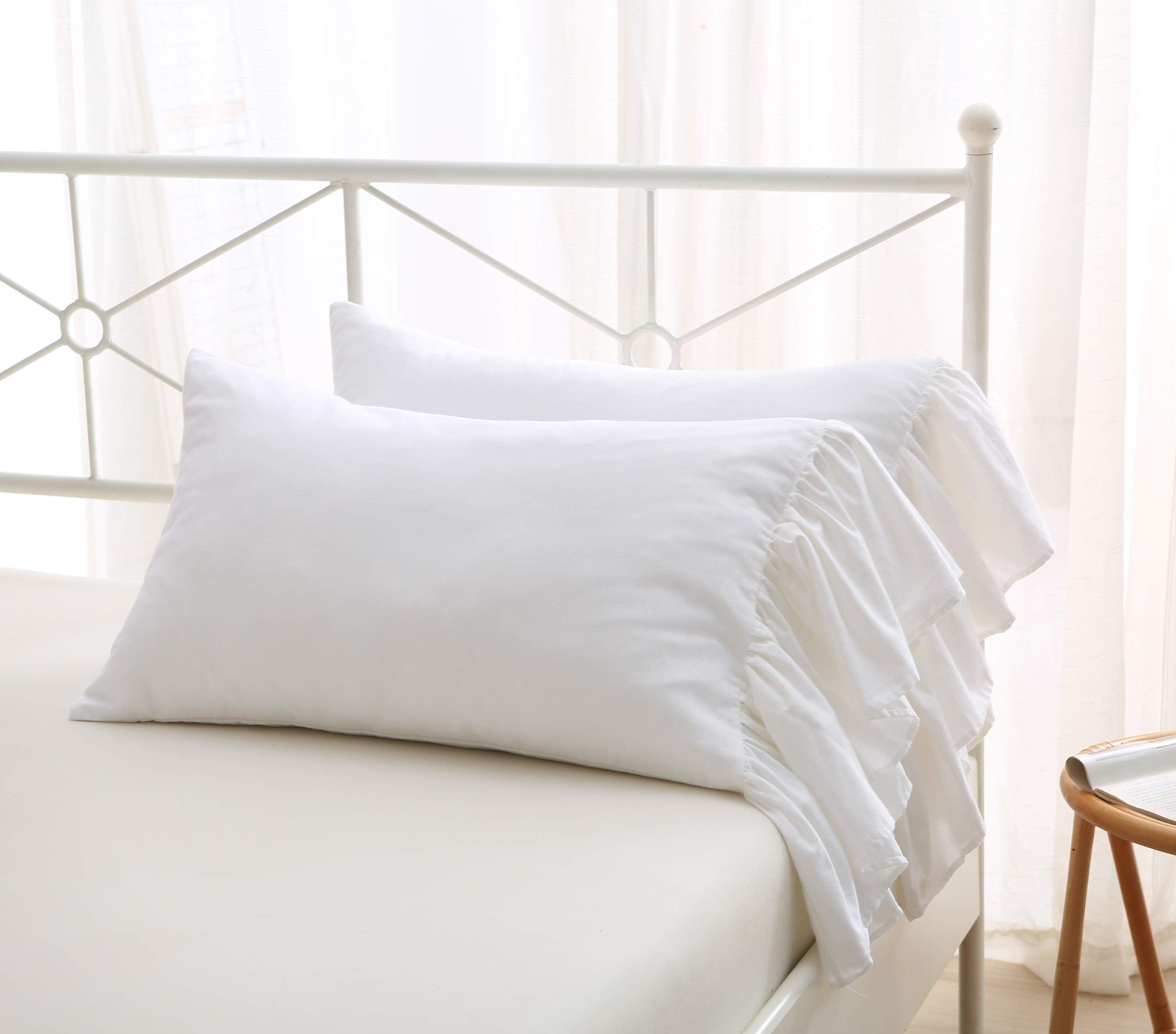 2-Pack Bright White Pillow Cases Shams Covers With Long Ruffles Shabby Chic Egypt Cotton Queen Size 20'X30'Soft Soft