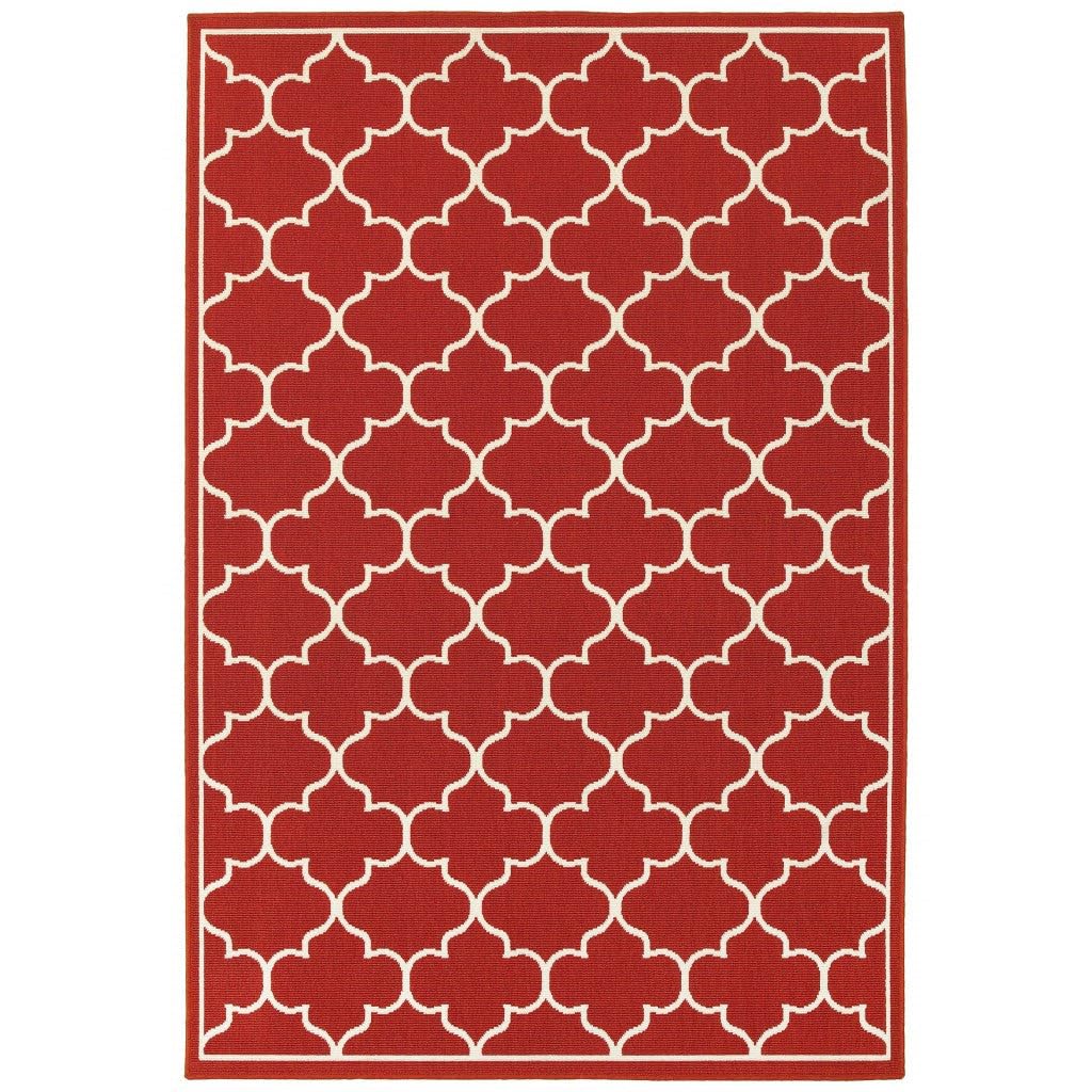 HomeRoots Polypropylene 9’x13’ Red and Ivory Trellis Indoor Outdoor Area Rug