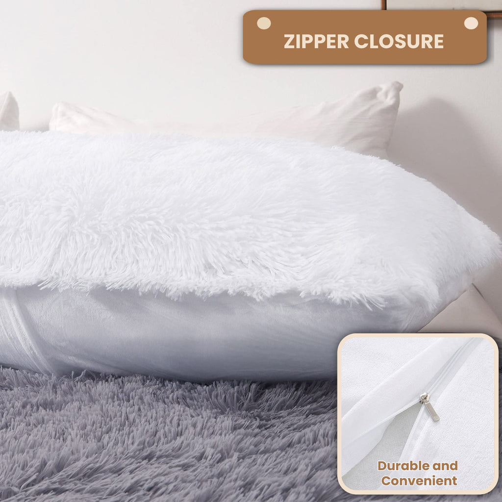 Mego Luxury Fluffy Body Pillow Cover, 20X54 Shaggy Faux Fur Body Pillow Case, White Soft Plush Fuzzy Body Pillowcase, Decorative