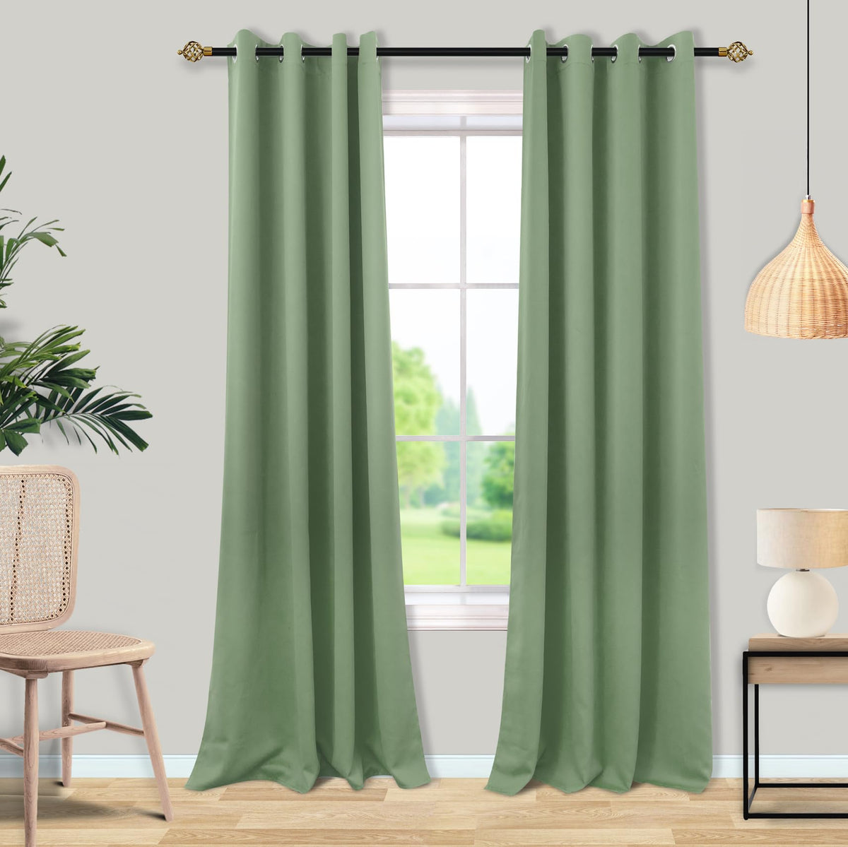 Mrs.Naturall Sage Green Blackout Curtains 90 Inches Long for Living Room 2 Panels Set,Grommet Light Blocking Thermal Insulated R