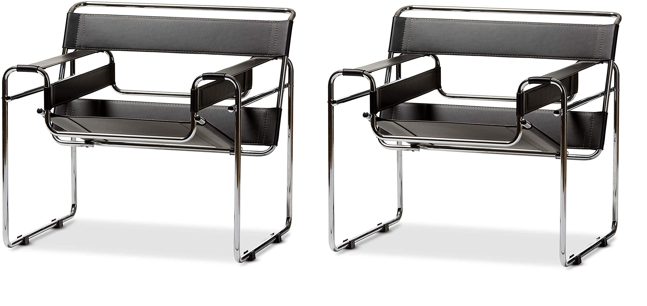 Baxton Studio Modern Leather Accent Chair, Black and Chrome (Set of 2)