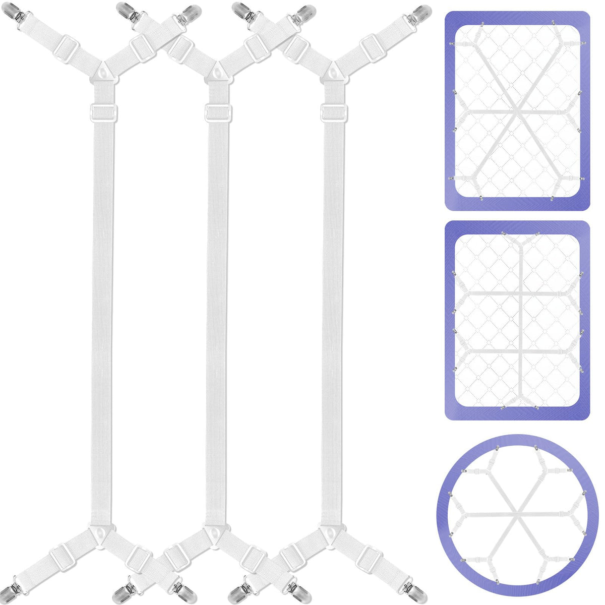 Tuyeabc Bed Sheet Holder Straps, 3 Set/12 Ways, Adjustable Crisscross Bed Sheet Clips, Elastic Bands Suspenders Keeping Fitted B