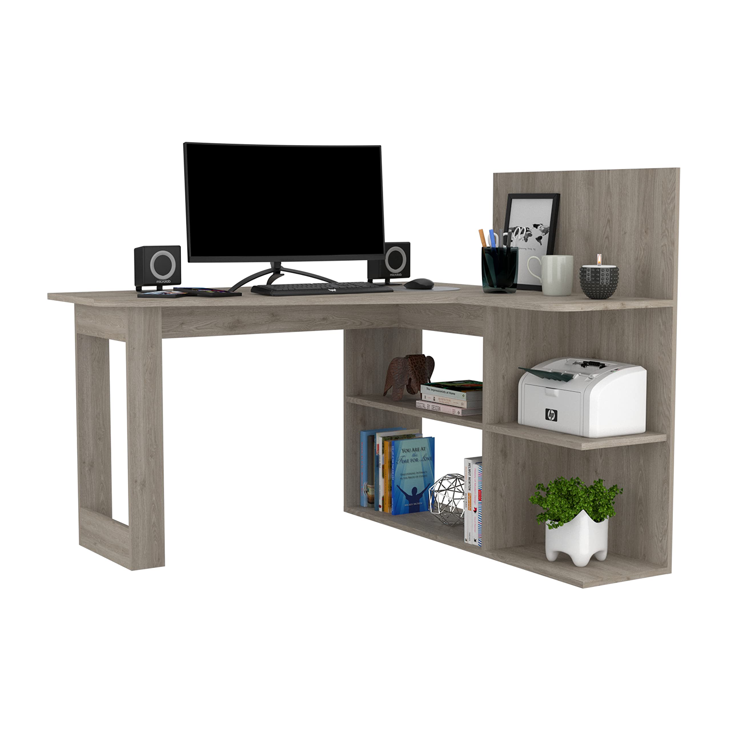 Kairi Writing Computer Desk, 5 Open Shelves, Light Gray
