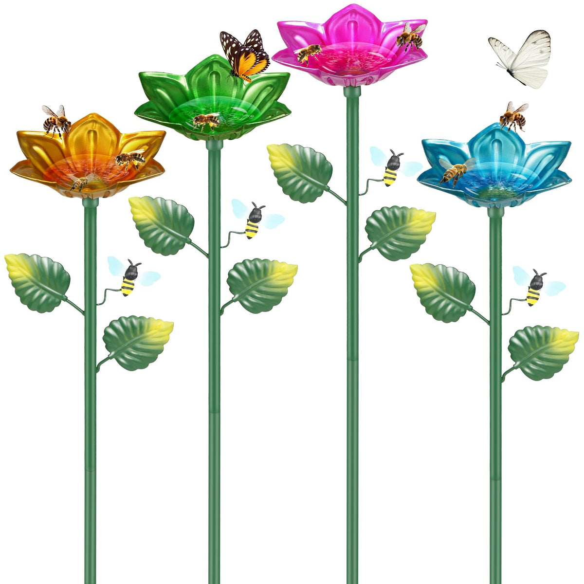 4 Pack Bee Watering Station Metal Butterfly Bee Water Feeder Cup, Maansfy Vivid Flower Butterfly Bath Bowl Bee Cups For Thirsty