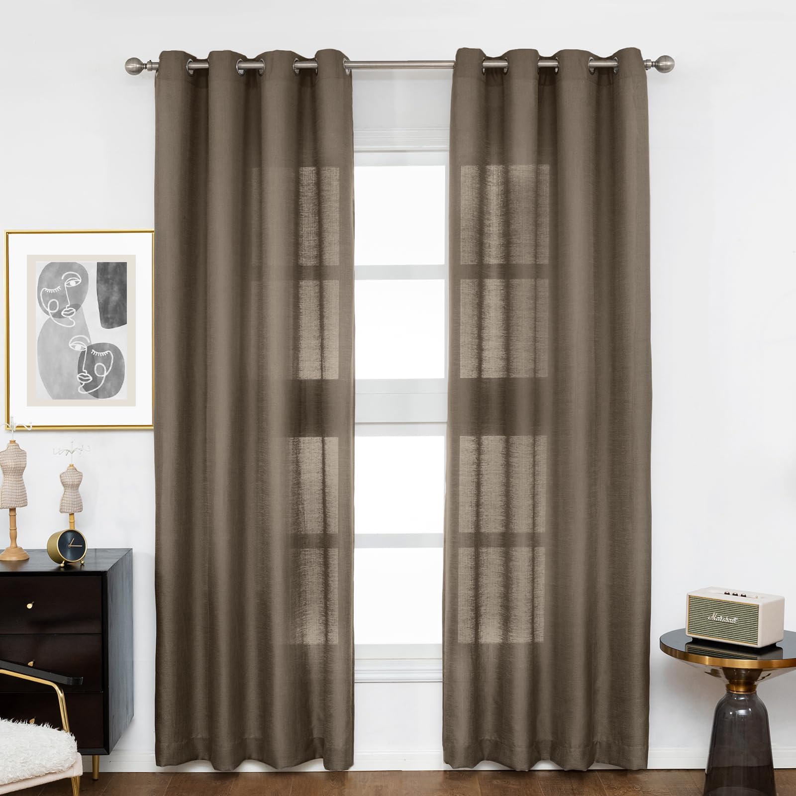 Melodieux Brown Semi Sheer Curtains 63 Inch Length For Living Room, Linen Rustic Bedroom Privacy Window Grommet Sheer Drapes, 52