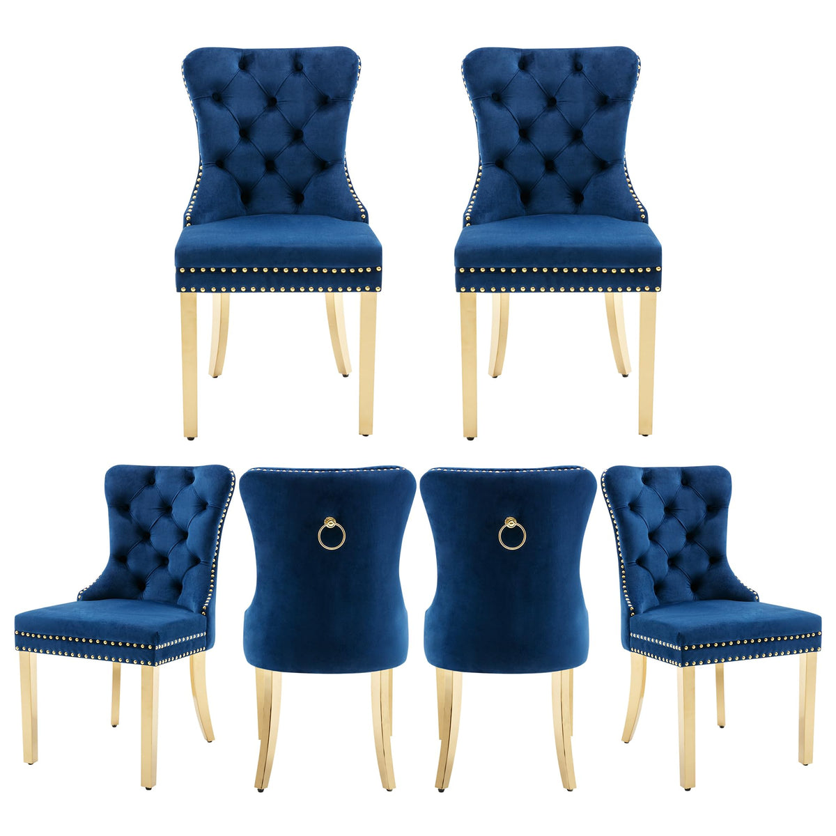 Goolon Dining Room Chairs Set Of 6, Tufted Velvet Chairs With Golden Stainless Legs, Rivet Trim Metal Pull Ring Large Back For K