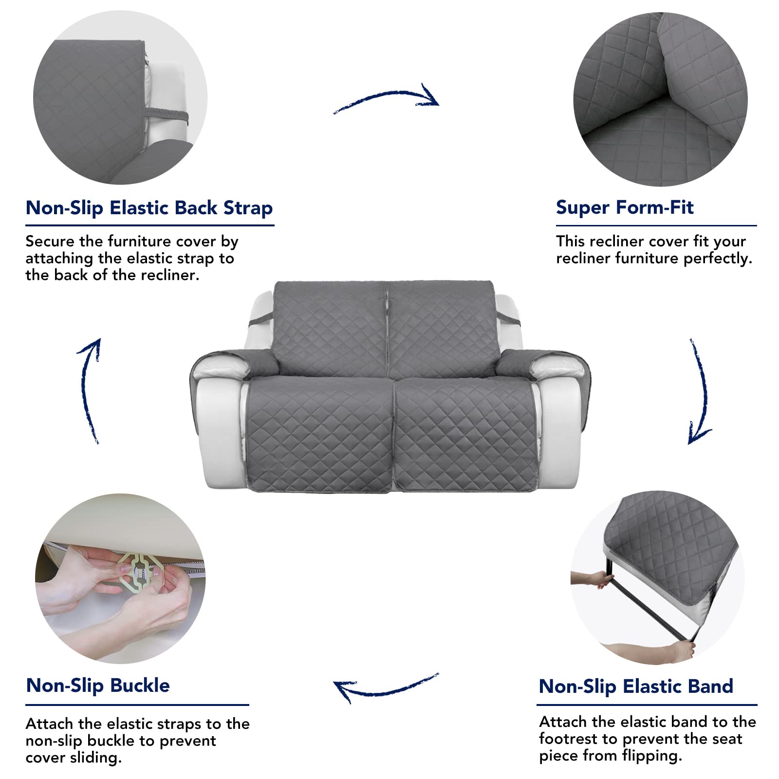 Purefit Water Resistant Reversible Sofa Cover For Reclining Sofa 2 Seat - Non Slip Split Recliner Couch Cover For Double Recline