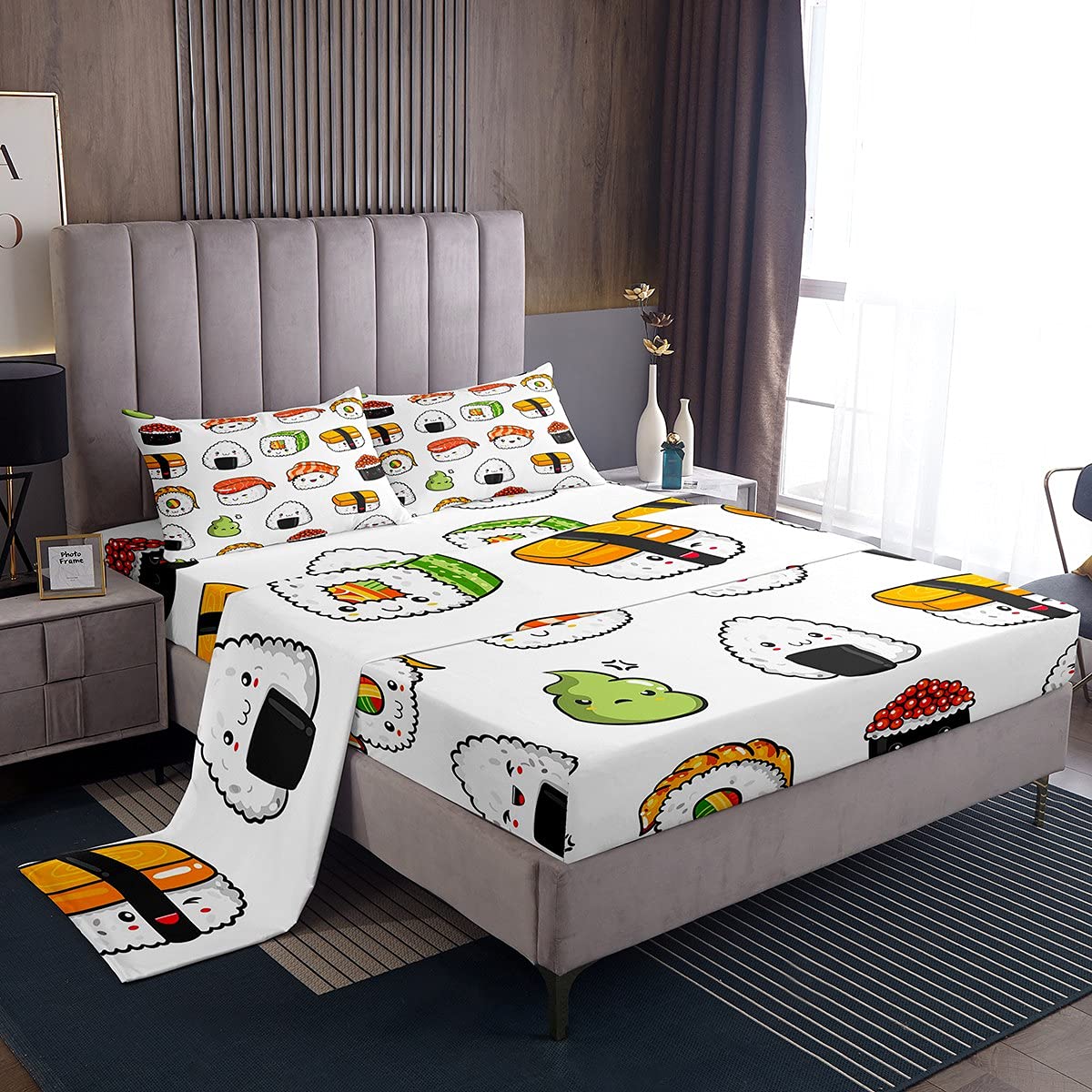 Kids Bed Sheets Twin Size Cute Sushi Print Bed Sheet Set For Girls Boys Children Bedroom Kawaii Decor Cartoon Japanese Style Bed