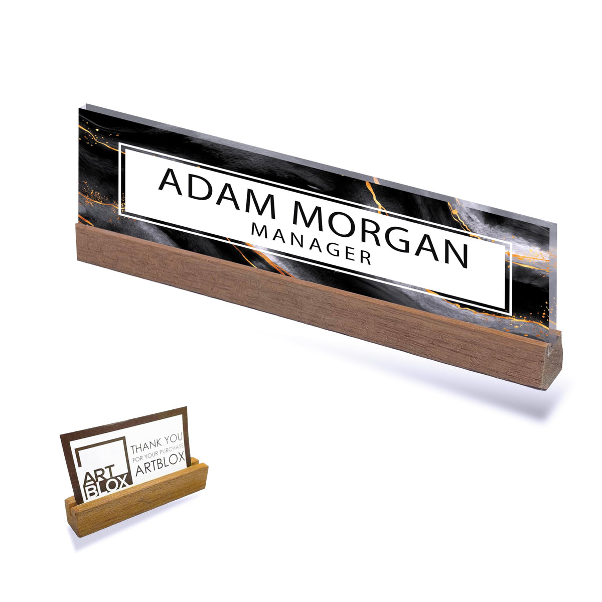 Artblox | Office Personalized Name Plate Black Gold Marble Design On Clear Acrylic Glass For Desk With Business Card Holder