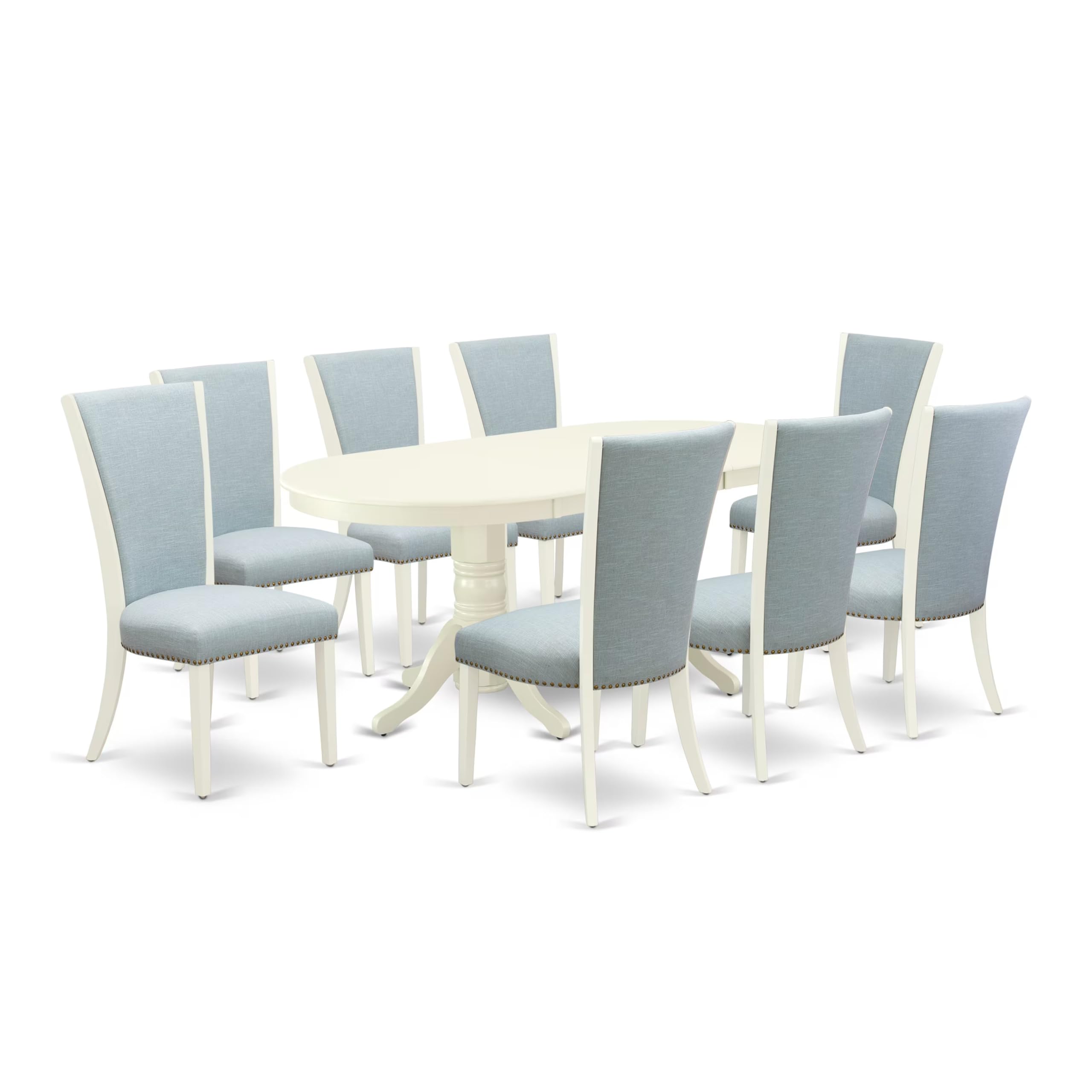 East West Furniture Vave9-Lwh-15 9 Piece Dining Table Set Includes An Oval Dinner Table With Butterfly Leaf And 8 Baby Blue Linen Fabric Parson Dining Chairs, 40X76 Inch, Linen White