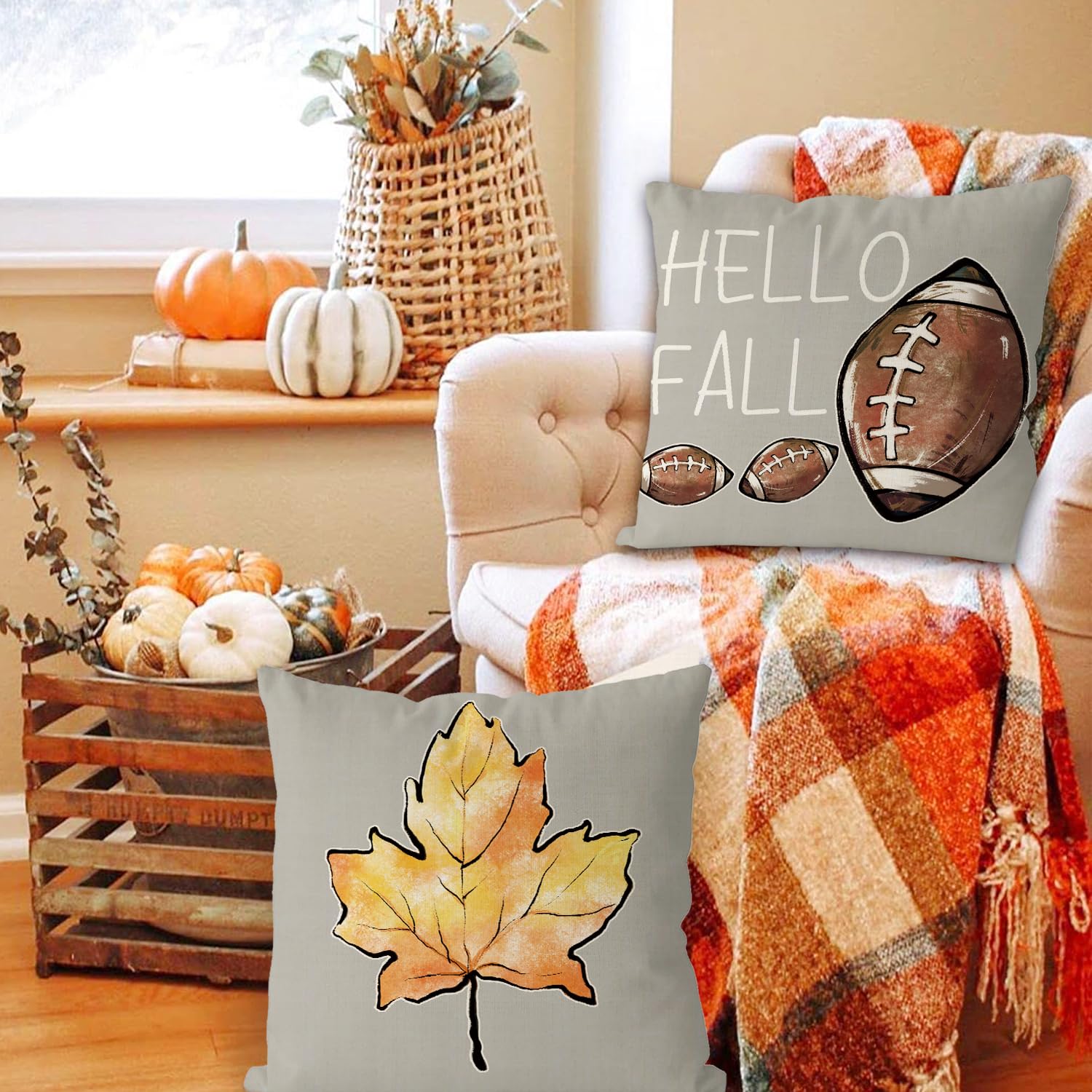 Gagec Fall Pillow Covers 20X20 Inch Set Of 4 Fall Football Pumpkin Maple Leaf Throw Pillowcase Holiday Home Decor Sofa Bedroom C