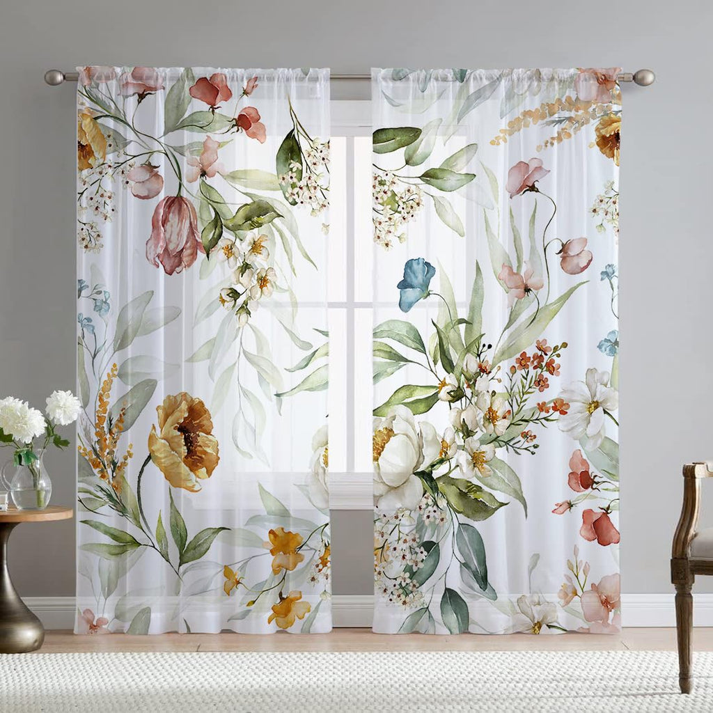 Fereyis Floral Sheer Curtains For Living Room 63 Inch Length 2 Panels Set Elegant Yellow Flower Spring Printed Window Curtain Ch