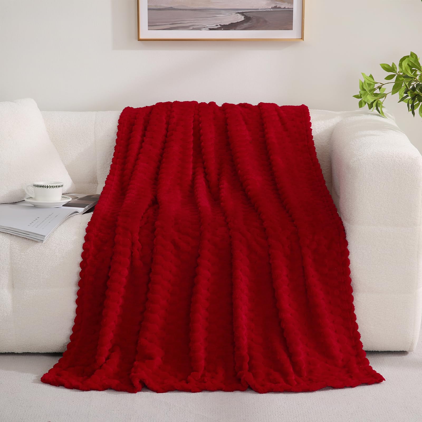 Puncuntex Red Throw Blanket 60'  80' Inches Fuzzy 3D Jacquard Decorative Flannel Fleece Super Soft Plush Cozy Blanket For Couc