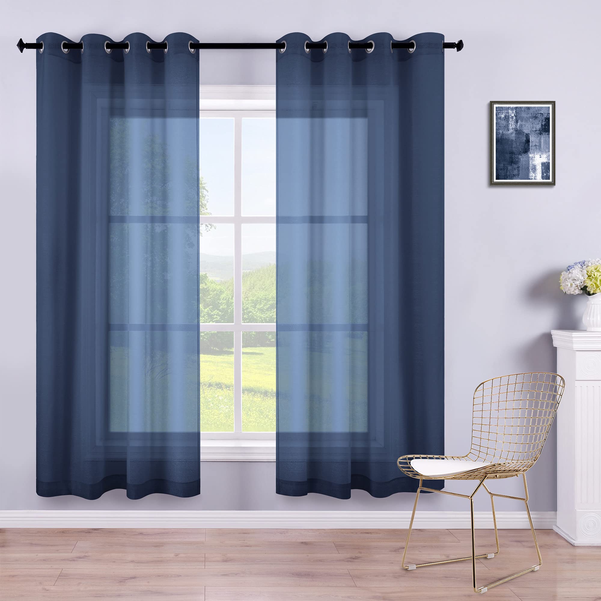 KOUFALL Navy Blue Curtains 72 Inch Length for Bedroom 2 Panels Set Semi Sheer Grommet Window Faux Linen Textured Sheer Curtains 