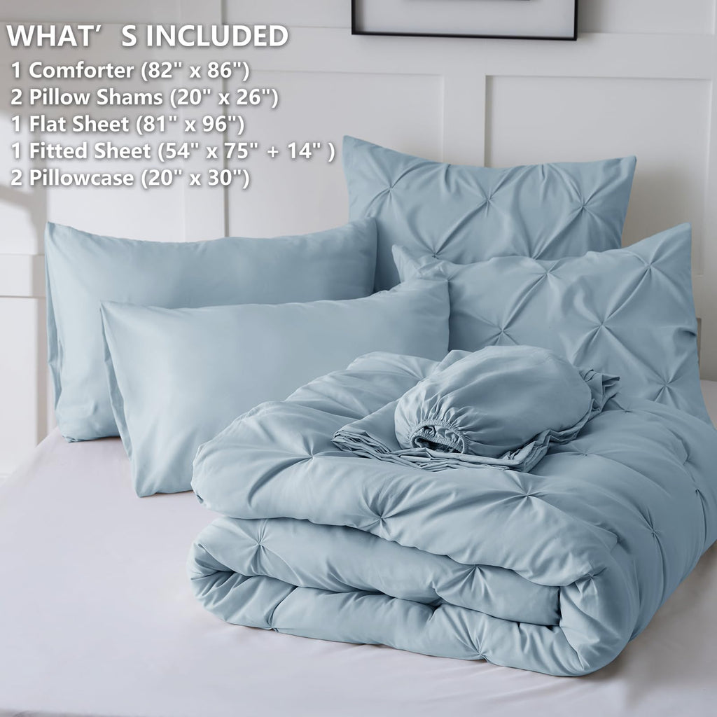 Himeet Light Blue Comforter(82''X86'') 7 Pieces Full Size Comforter Sets Pintuck Bluey Bedding Set Bed In A Bag Full Pinch Pleat