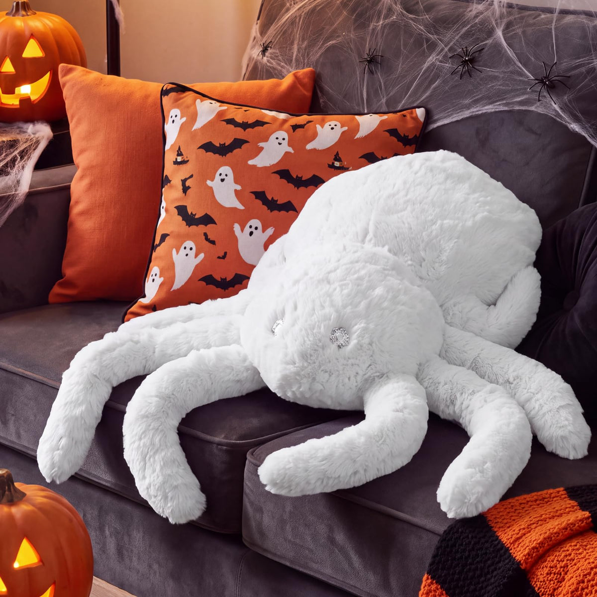 Purpeak 2 ft Jumbo Halloween Spider Faux Rabbit Fur Pillows White