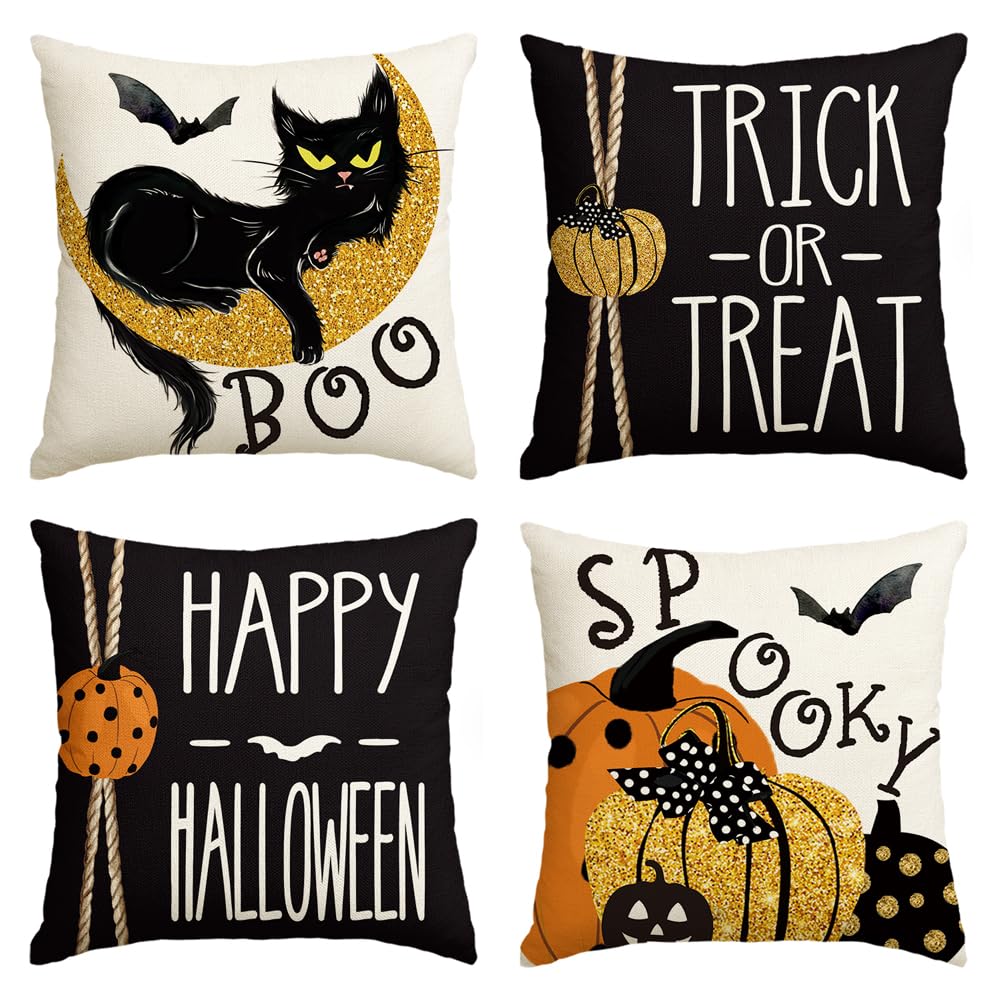 AVOIN colorlife Happy Halloween Boo Black Cat Trick or Treat Throw Pillow Covers, 18 x 18 Inch Spooky Pumpkin Bat Cushion Case f
