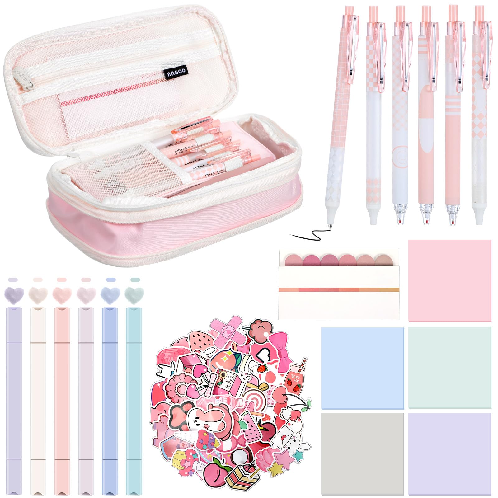 Seajan 69 Pcs Aesthetic School Supplies Set Include Big Capacity Pen Case Bag 6 Aesthetic Highlighters 6 Retractable Gel Ink Pen