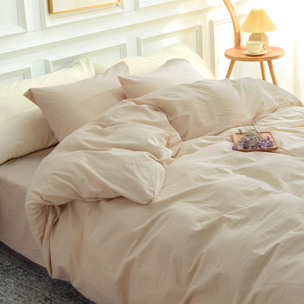 Nexhome Pro Duvet Cover Set Kids Twin Size Linen Look Textured Organic Natural 100% Washed Cotton Duvet Cover Beige 2 Pieces Bed