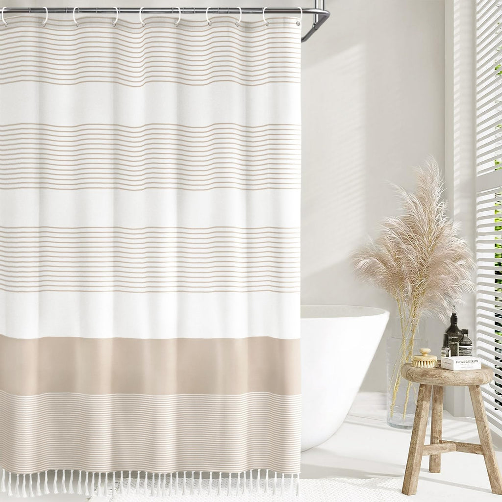 Awellife Boho Beige Shower Curtain For Bathroom Extra Long Stripe Knotted-Tassel Shower Curtain 72 X 84 Inches Natural Linen